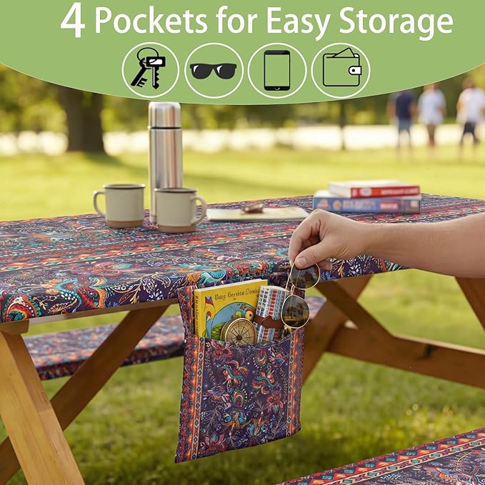 Fitted Waterproof Picnic Table Cover with Bench Covers Heavy Duty Elastic Outdoor Camping Tablecloth for 6 Foot Rectangle Tables Summer Rv Accessories Patio Garden Road Trip Essentials Gifts