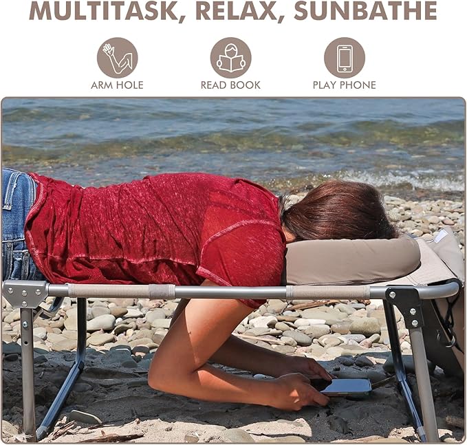 Oversized Extra Wide Tanning Chair with Sun Canopy Face Hole Padded Adjustable Washable, Heavy Duty Layout Folding Lounge Chair for Outside Beach Reading Sunbathing, UPF 50+, XL, Plus Size, 330 LBS