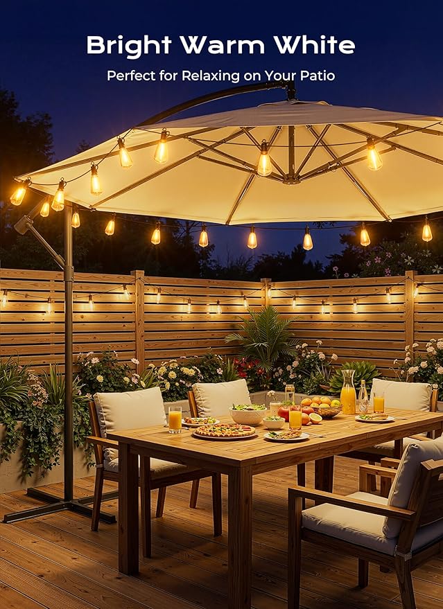 Brightown 58FT Solar String Lights Outdoor Waterproof with Remote, 25+1 LED Shatterproof Bulbs, Dimmable & Timable, 3 Light Modes - Commercial Grade Patio Lights for Garden Backyard Party Decor