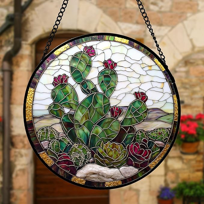DASTOLL Stained Glass Window Hanging,Green Cactus Purple Flowers Suncatcher Diamond Glass Panel Sun Catchers Decor for Birthday for Women, Men, Wife, Aunt, and Mom 6.3 in