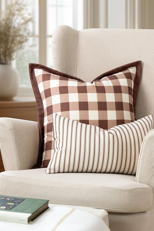 Crumbs Home Modern Farmhouse California Casual Indoor Outdoor Throw Pillow Cover, 22"x22" Water Repellent for Patio, Backyard, Couch, Poolside, Cocoa Brown Print Gingham