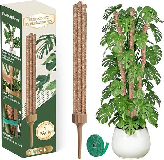 3 Moss Poles in 1, Bendable Monstera Plant Support, 30IN Tall Plant Stakes for Indoor Plants, Coir Pole Plant Support for Climbing Plants, Pothos, Philodendron-1 Pack