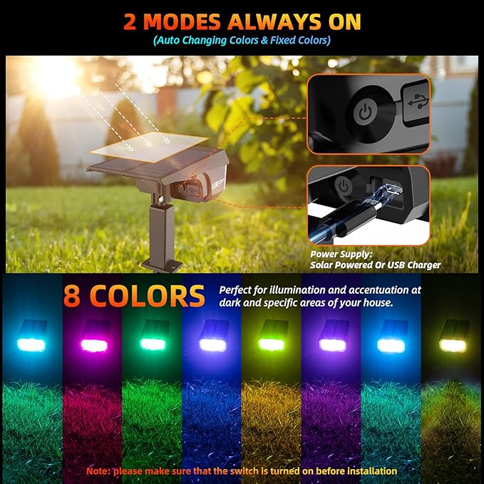 LEREKAM Color Solar Lights Outdoor Waterproof Spotlights with 9 Light Modes, Color Changing Solar Outdoor Lights for Decorate Festivals, Colored Solar Spot Lights Auto On/Off, RGBW 6 Pack