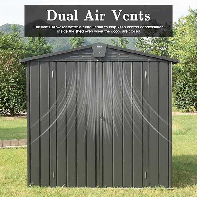 Christopher Knight Home Avonn Outdoor Storage Shed 6.5'x 4.2', Metal Garden Shed for Bike Trash Can Tools, Lawn Mowers, Galvanized Steel Storage Cabinet with Lockable Door for Backyard Lawn, Dark Gray