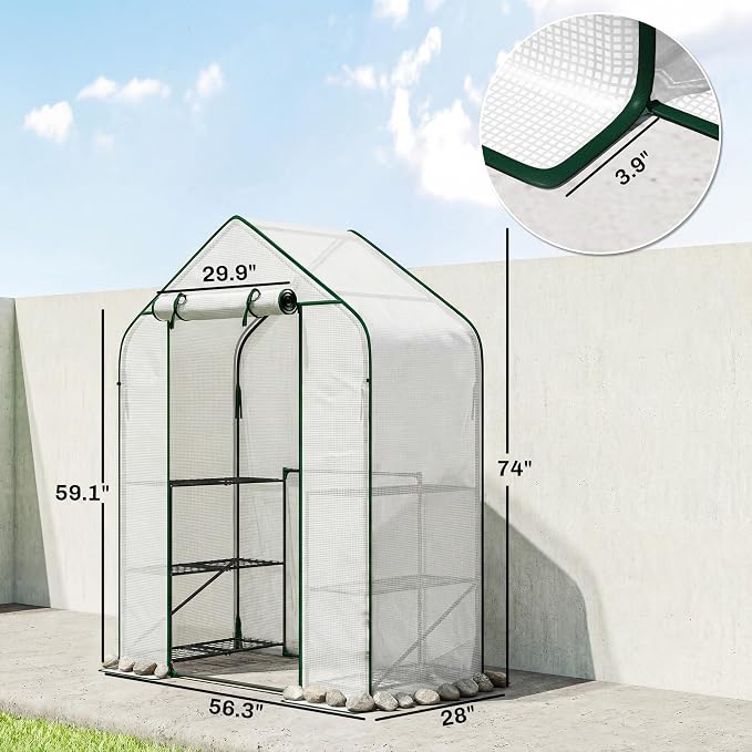 Outsunny 4.7' x 2.3' x 6.2' Small Greenhouse for Outdoors, 3 Tiers 6 Shelves, Portable Greenhouse with UV-Resistant PE Cover, Walk-in Green House with Roll-Up Door, White