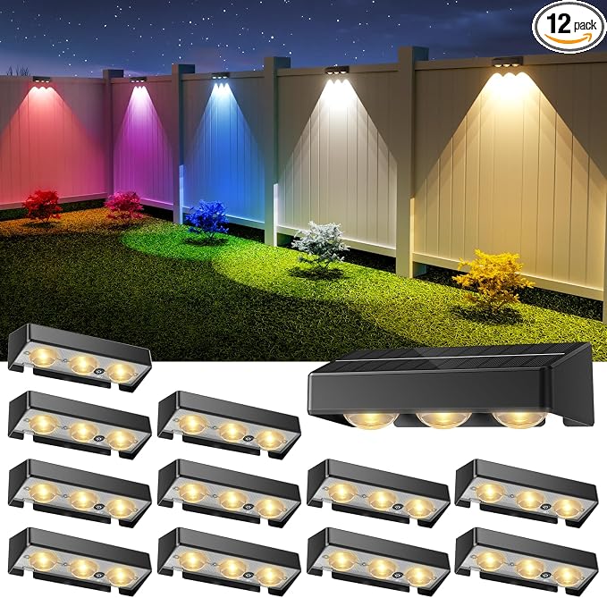 NIORSUN Solar Fence Lights, 12 Pack LED Outdoor Solar Deck Lights with Lenses, RGB Color, IP65 Waterproof, Solar Lights for Outside, Wall, Patio, Railing, Yard (Black)