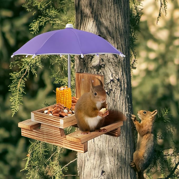 Gnodary Squirrel Feeder with Umbrella, Squirrel Feeders for Outside, Squirrel Picnic Table Feeder - Chipmunk Feeder Hold Corn, Corn Cob, Peanuts Style2 (Purple)