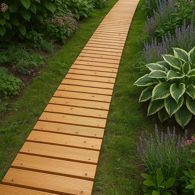 Plow & Hearth 8' Straight Outdoor Wooden Pathway | 17" Wide Rollout Outdoor Garden Walkway | Weather-Resistant Hardwood Cedar Board Walkway Landscape Edging | Decorative Lawn Patio Wedding Party