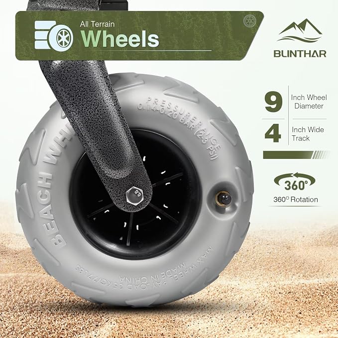 Beach Wagon with Big Wheels for Sand, Heavy Duty Harder Sand Collapsible Folding Wagon with All-Terrain 9" Pneumatic Ballon Tires, Utility Wagon for Garden Sports Camping Outdoor Activities