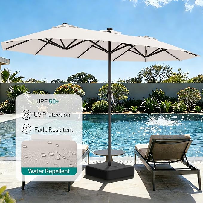 AreShark 15FT Patio Umbrella with Solar Lights, Double Sided Outdoor Table Umbrellas with Crank, Large Rectangular Market Umbrella for Porch, Lawn, Pool, Backyard, Cream-White