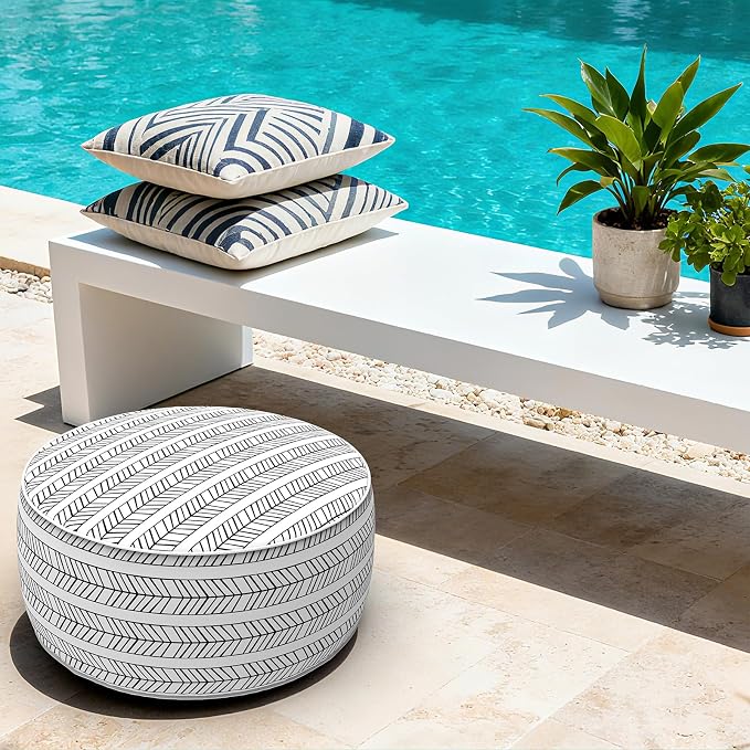 LVTXIII Indoor/Outdoor Inflatable Ottoman with Handle D21 x H9 Inch, Weather-Resistant Round Footstool Pouf for Patio Camping Living Room, Portable Footrest Extra Seating, Herringbone Black White
