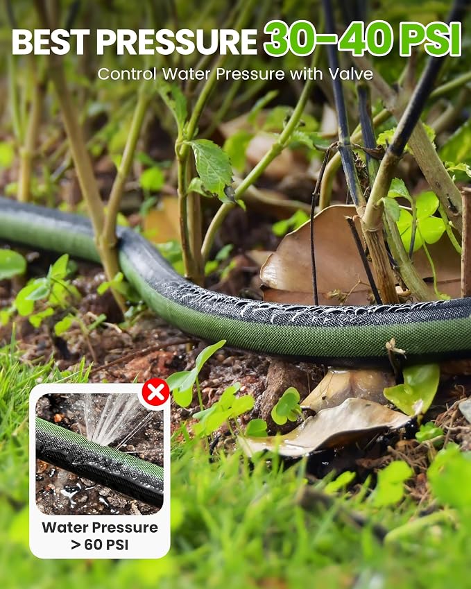 RAINPOINT 25FT Flat Soaker Hose, Flexible & Heavy-Duty Drip Hose with Anodized Aluminum Fittings, 80% Water-Saving Double Layer Gardening Irrigation Hose, Green