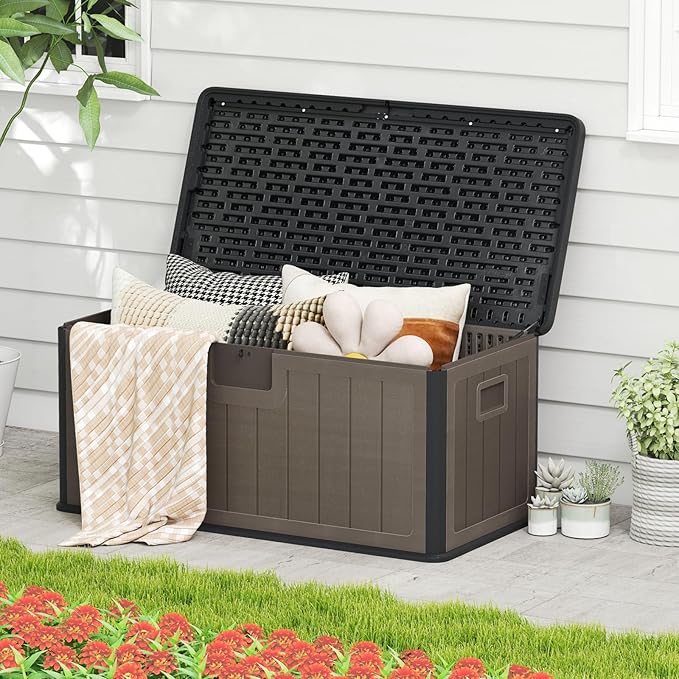 Giantex 100 Gallon Deck Box, Waterproof Resin Box with Lockable Lid, 440Lbs Outdoor HDPE Storage Container Bench for Patio Furniture Cushions, Pool Tools & Garden Accessories (Black+Brown)