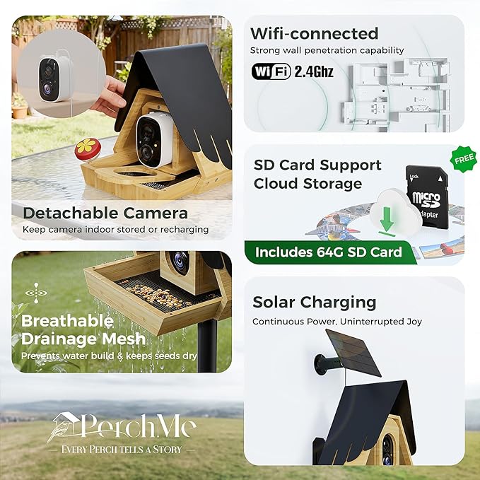 PerchMe® Smart Bird Feeder with Camera,2K HD Solar Powered,Bamboo Birdhouse Camera with Metal Roof,AI Recognition, Includes SD Card, Real-time Notification, Ideal Gift for Bird Lovers