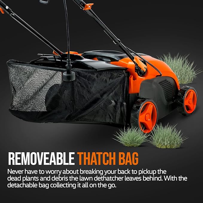 SuperHandy 2 in 1 Walk Behind Scarifier, Lawn Dethatcher Raker Corded Electric 120V 12-Amp 15-Inch Rake Path with Collection Bag for Yard, Lawn, Garden Care, Landscaping