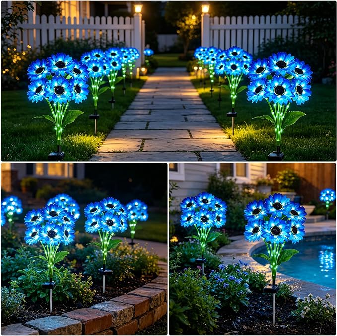 Solar Garden Lights Outdoor, 4 Pack Blue Sunflower Lights with 24 Sunflower, Waterproof 60 Led Garden Fall Decor, Gifts for Mom Grandma, Decorative Solar Flowers for Pathway Patio Yard Decoration