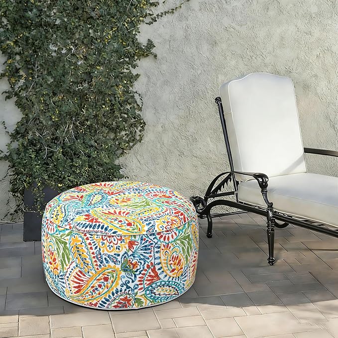 LVTXIII Indoor/Outdoor Large Inflatable Ottoman Pouf D31 x H14 Inch, Round Footstool with Handle, Weather-Resistant Portable Furniture for Patio, Camping, Beach, Paisley Multi
