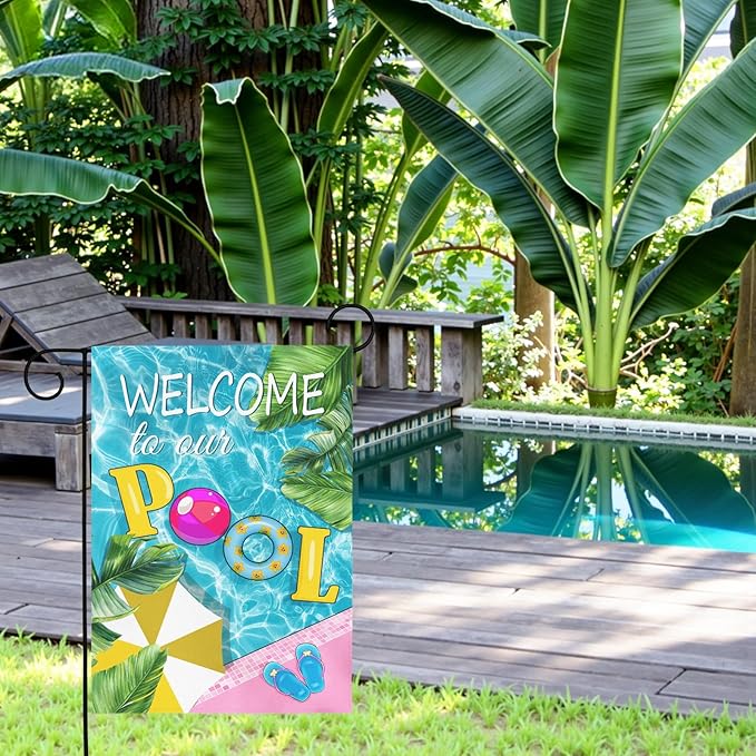 Welcome to Our Pool Garden Flag Vertical Double Sided Summer Swimming Pool Yard Flag Palm Leaf Parasol Garden Flags 12x18 Inch Holiday Party Seasonal Farmhouse Banner Outdoor Decor