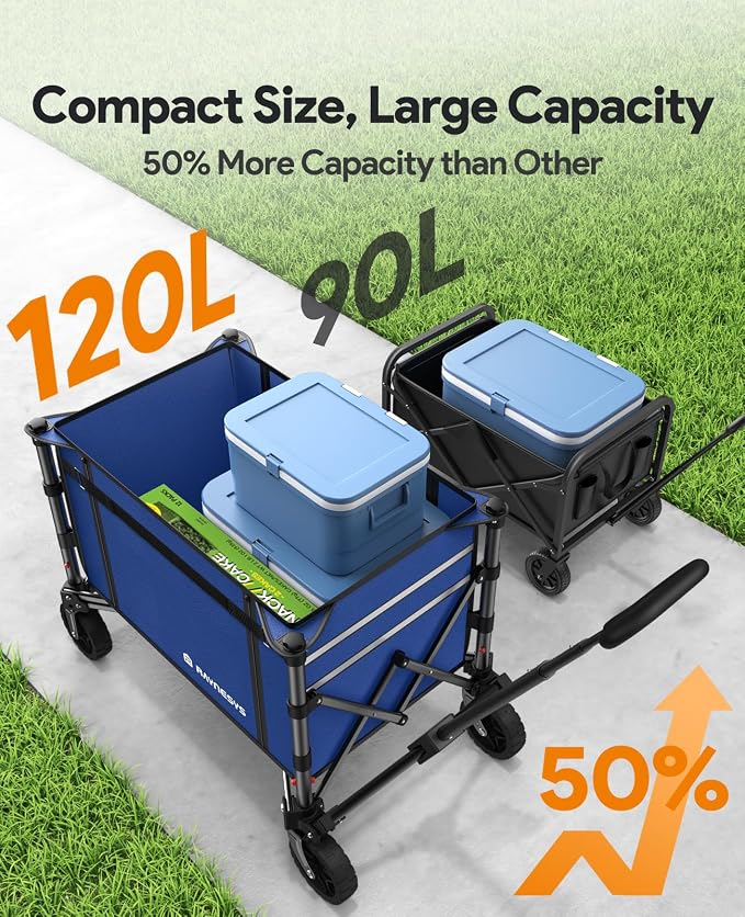 Raynesys Collapsible Wagon Cart with Wheels 220lbs Foldable Wagon 120L Shopping Cart for Groceries Folding Utility Wagon for Beach, Garden, Camping, Sport, Wheelbarrows, Indigo