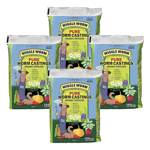 Wiggle Worm 100% Pure Organic Mineral-Dense Worm Castings Fertilizer, 15lbs, Pack of 4 - Improves Soil Fertility and Aeration for Growing Better Houseplants, Vegetables, and More