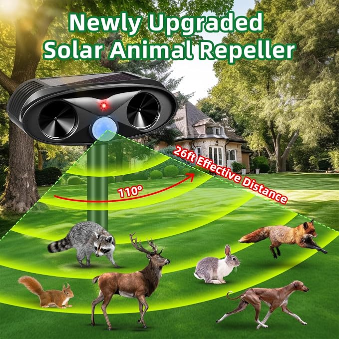 Upgraded Solar Ultrasonic Animal Repellent Outdoor for Squirrel,Dog,Raccoon,Skunk,Rabbit,4 Pack Cat Deterrent Sonic Deer Repellent Devices USB Charge Animal Repeller for Yard Garden,Black