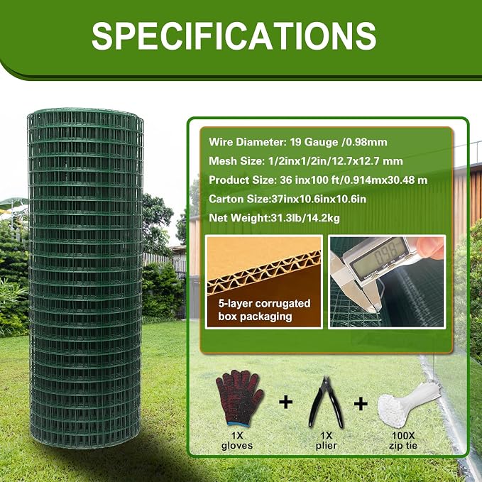 Hardware Cloth 1/2inx 36in x 100ft Chicken Wire, Green Garden Fence, PVC Coated Metal Welded Wire Mesh for Preventing Snakes, Raccoons, Foxes, Poultry Netting