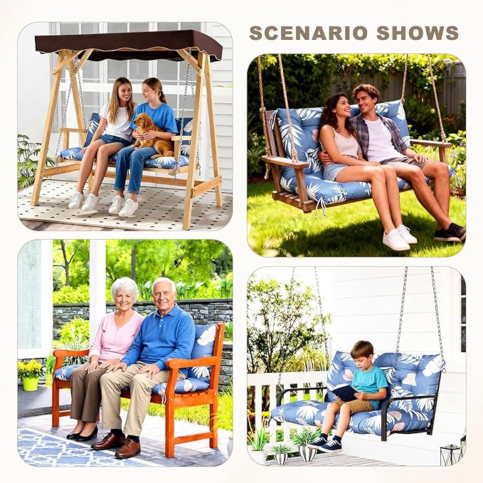 Porch Swing Cushion with Backrest,Waterproof Bench Cushion for Outdoor Furniture,2-3 Seater Replacement Thickened Swing Cushion with Ties,Patio,Outdoor,Backyard and Garden (Tropical Leaf,40x40")