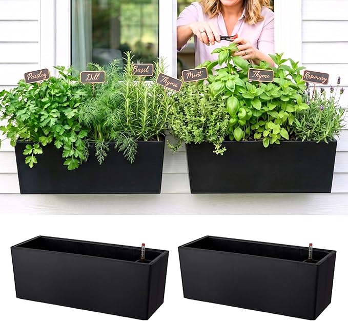 LaLaGreen Wall Planters for Indoor (2 Pack, 20 Inch) Black Self Watering Rectangular Window Planter Box Outdoor with Bracket Wall Mount Vertical Garden Balcony Herb Plant Holder Stylish Flower Pot
