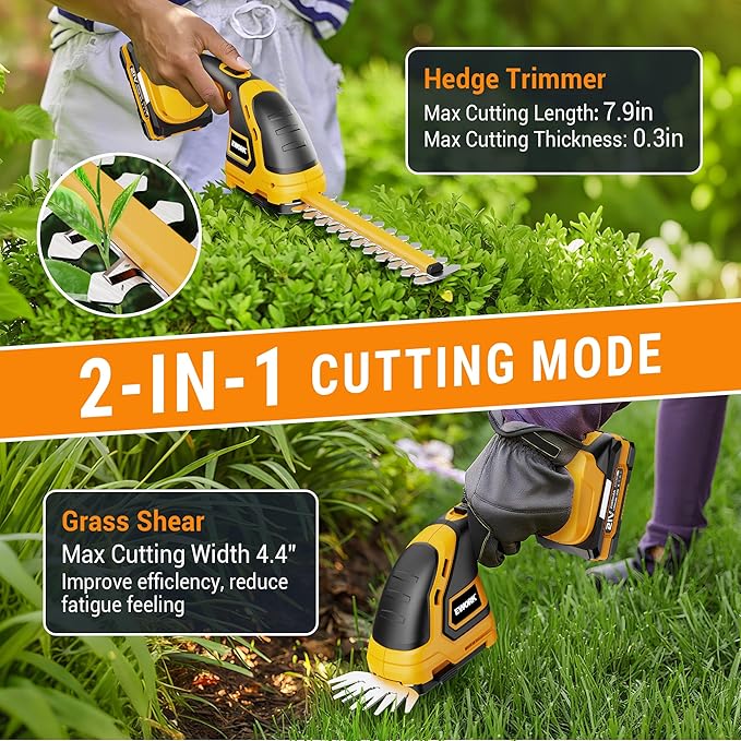 EWORK 21V Cordless Hedge Trimmer & Grass Shears 2-in-1 Handheld Electric Bush Trimmer, 2x2.0Ah Battery & Charger Included, Lightweight Shrub Trimmer for Garden Yard Lawn Patio Maintenance