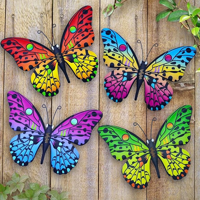 Metal Butterfly Wall Decor - 9.6" Outdoor Fence Wall Art Decor, Hanging Decoration for Garden Yard Living Room Bedroom Patio Balcony(4 Pack)