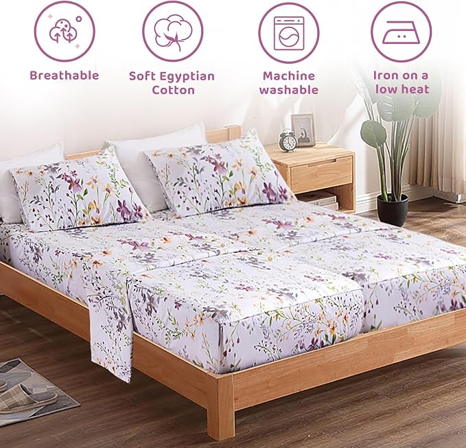 QSH 100% Cotton Sheets for Split King Size Bed - Floral Plant Pattern Botanical Luxury Cotton Printed Floral Bedding King Size Sheet with Deep Pockets 17" Soft and Breathable 5pcs