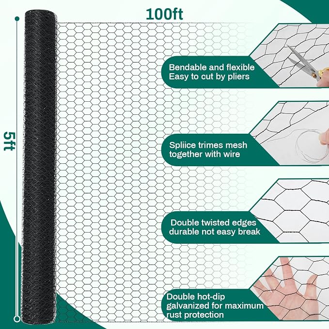 GlikCeil 60 in X 200 ft Chicken Wire Fencing Metal Floral Chicken Wire Mesh for Crafts Poultry Garden, 1 Inch Hexagonal Galvanized Hardware Netting for Poultry Coop Barrier Rabbit Cage (Black)