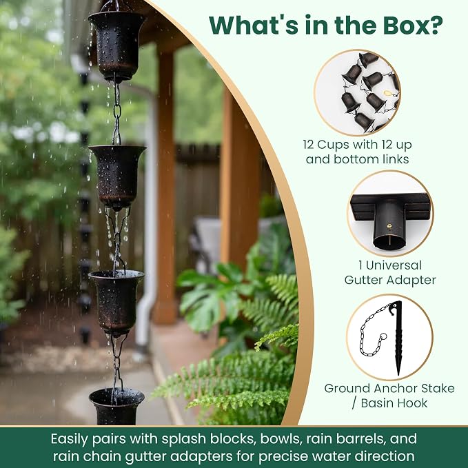 Copper Rain Chain 9 FT, 11 FT Installed with Anchor Stake and Gutter Adapter, Durable Heavy Duty Rain Chains for Gutters for Heavy Rain, Rust Resistant, Outdoor Decor for Homeowners