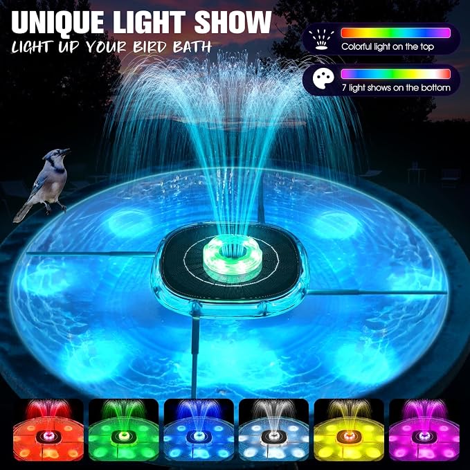 Solar Fountains with Lights, 2026 Upgrade Solar Bird Bath Fountain Pump, Floating Solar Water Fountain Outdoor, 4000mAh Battery Solar Birdbath Fountains for Pool,Pond,Garden-Blue