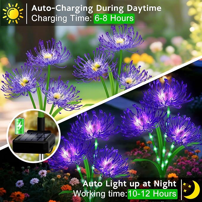 Solar Lights Outdoor, 4 Pack Purple Lights - Purple Flower Garden Decorative with Glowing Stems, Waterproof IP65 Yard Spider Lily Lights for Pathway Lawn Patio, Garden Gifts for Women Mom Grandma