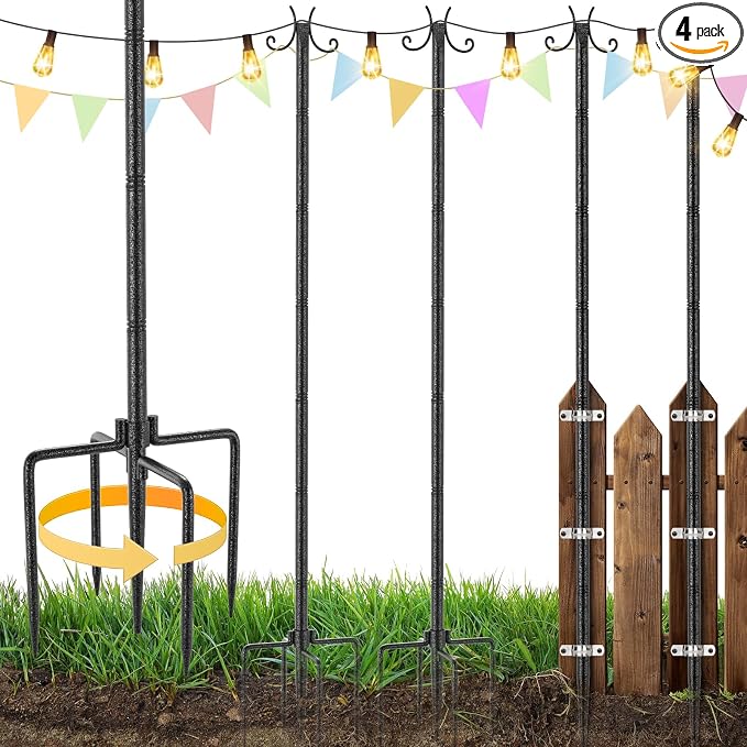 StarryEver 4 Pack String Light Poles, 3M/10FT Adjustable Height Metal Lights Hanging Pole with 2 Hooks and Rustproof, for Yard Patio Decor, Camping, Sun Shades Outdoor, Outside Decor