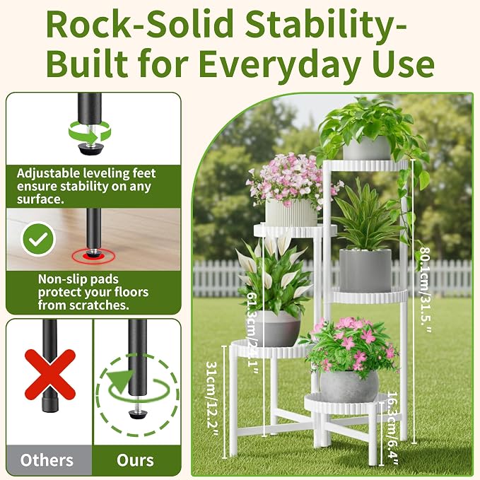 5 Tier Large Plant Stand Indoor with 7.9 Inch Wide Tray, Tiered Corner Metal Outdoor Flower Display Holder Shelf, Folding Tall Rack for Patio Porch Living Room Balcony - WhiteFloroma