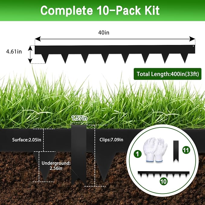 Metal Landscape Edging,33ft Galvanized Steel Garden Edging Border,No Dig Flexible Landscaping Edging Strips with clamps, Rust-Proof Lawn Divider for Flower Beds Ponds and Mulch-Black(10-Pack)