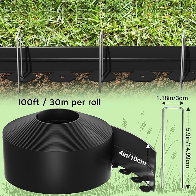 Bluepro 4 Inch 100 ft No Dig Landscape Edging Kit, Upgraded with 150 Heavy Duty Steel Stakes & Reinforced No-Curl Design, Flexible Plastic Garden Border for Flower Beds, Lawns, Yard