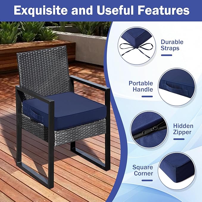 IASEAHK Patio Chair Cushions, 18.5" x 16" x 3" Outdoor Chair Cushions Set of 4, Waterproof Outdoor Cushions for Patio Furniture, Outdoors Seat Cushions with Handle and Ties, Navy Blue