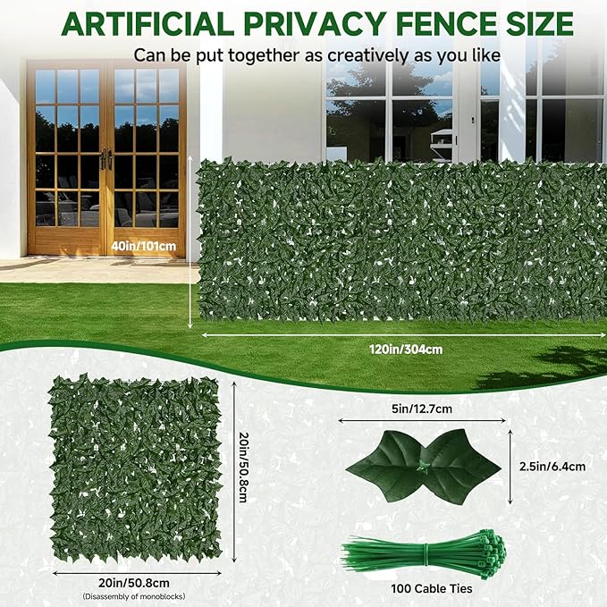 Artificial Ivy Fence Privacy Screen 120x40in UV-Anti Dense Faux Greenery Backdrop Fake Hedges Fence & Faux Ivy Vine Leaf Decoration for Patio Balcony Garden Wall Backyard Indoor Outdoor