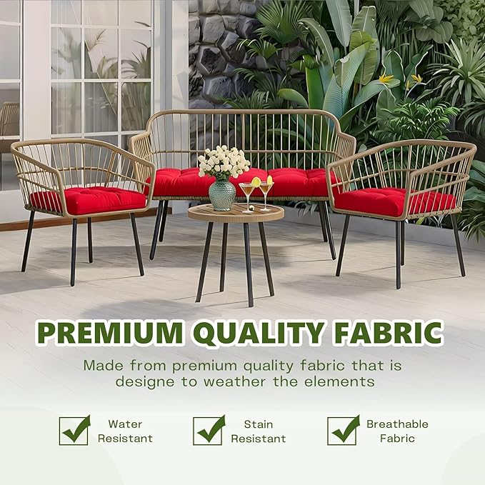 Wicker Chair Cushions Set, 2 U-Shaped Cushions & 1 Loveseat, Waterproof Outdoor Loveseat Cushion for Patio Furniture, Settee Bench Pad All Weather,Red