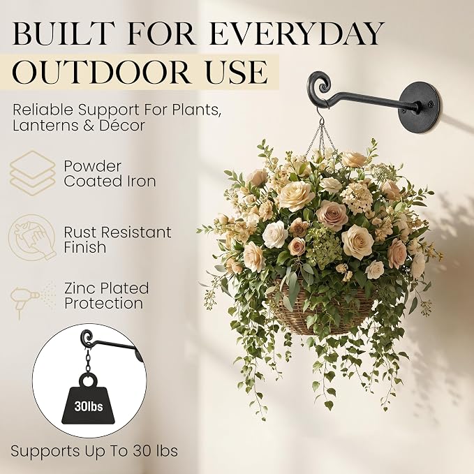 RTZEN Plant Hangers Outdoor or Indoor - Wrought Iron Metal Hanger Indoor Hook - Heavy Duty Wall Bracket Hooks for Hanging Plants Baskets Lanterns Bird Feeders - 2 Pack (Black Swirl Hooks 7.5")