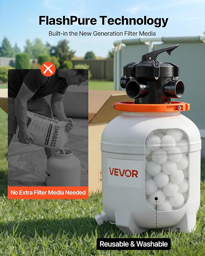 VEVOR FlashPure Sand Filter Pump, 12 in for Above Ground Pool, 0.5 HP 3000 GPH, Swimming Pool Filter System with Timer, 6X Faster Filtration, Media Installed, Leak-Resistant, Ready to Use Out of Box