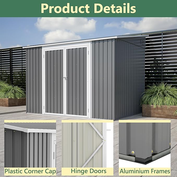 YOPTO 8x6 FT Lean to Outdoor Storage Shed W/Adjustable Lockable Double Side Doors,Metal Shed W/Floor Frame & 2 Air Vents,Garden Tool House W/Updated Frame Structure,for Backyard Patio Lawn,Gray