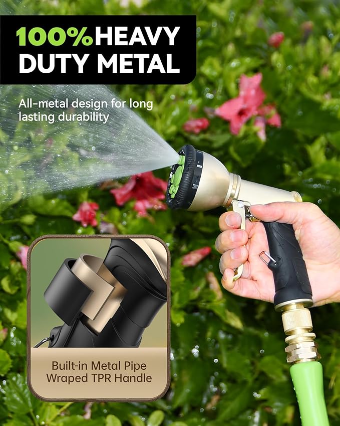 RAINPOINT Garden Hose Nozzle, 9 Spray Patterns Hose Sprayer Nozzle, Heavy Duty Metal Water Hose Nozzle, Adjustable Hand Sprayer, Watering Plants and Lawn, Pet Showering (Nozzle, Green)