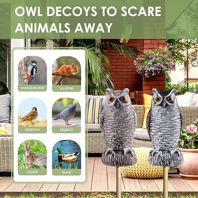 Fake Owl Decoy to Scare Birds Away, Plastic Garden Owl Scarecrow for Garden, Waterproof Owl Statue for Courtyard Orchard Doorway Roof Owl Decor 3 Pack