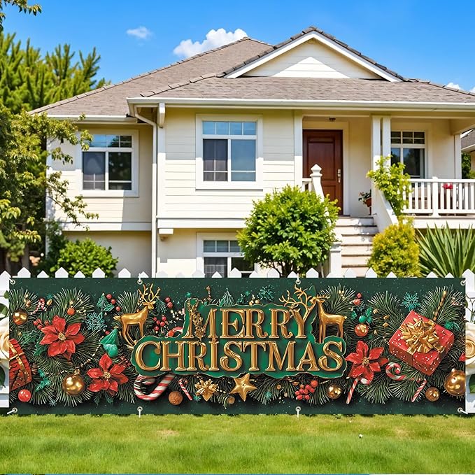 10x3 ft Extra Large Merry Christmas Banner Outdoor 115''x35'' Merry Christmas Decorations Xmas Tree Snowman Banners Yard for Fence Outside banner for Garden Party