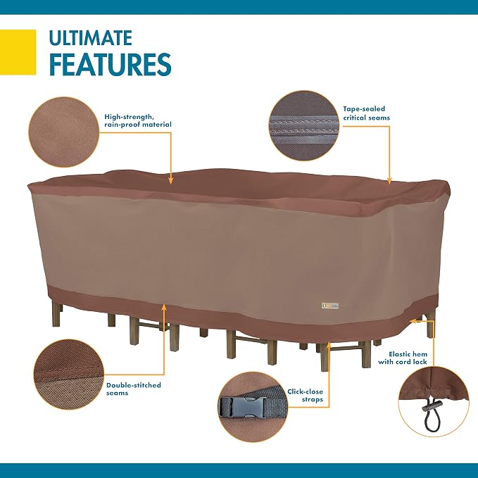 DUCKCOVERS Ultimate Waterproof Rectangular/Oval Patio Table with Chairs Cover, 107 Inch
