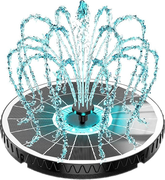 Yzert 2026 Remote Solar Powered Fountain, 6W Glass Bird Bath Fountain with 4000mAh Battery, 7 Nozzles, 4 Fixers & 8 Colorful LEDs, Adjustable Water Height for Outdoor Garden Pond Pool